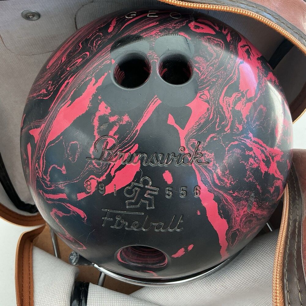 Vintage Brunswick Fireball Bowling Ball & Brunswick Brown Single Ball Bag Set
